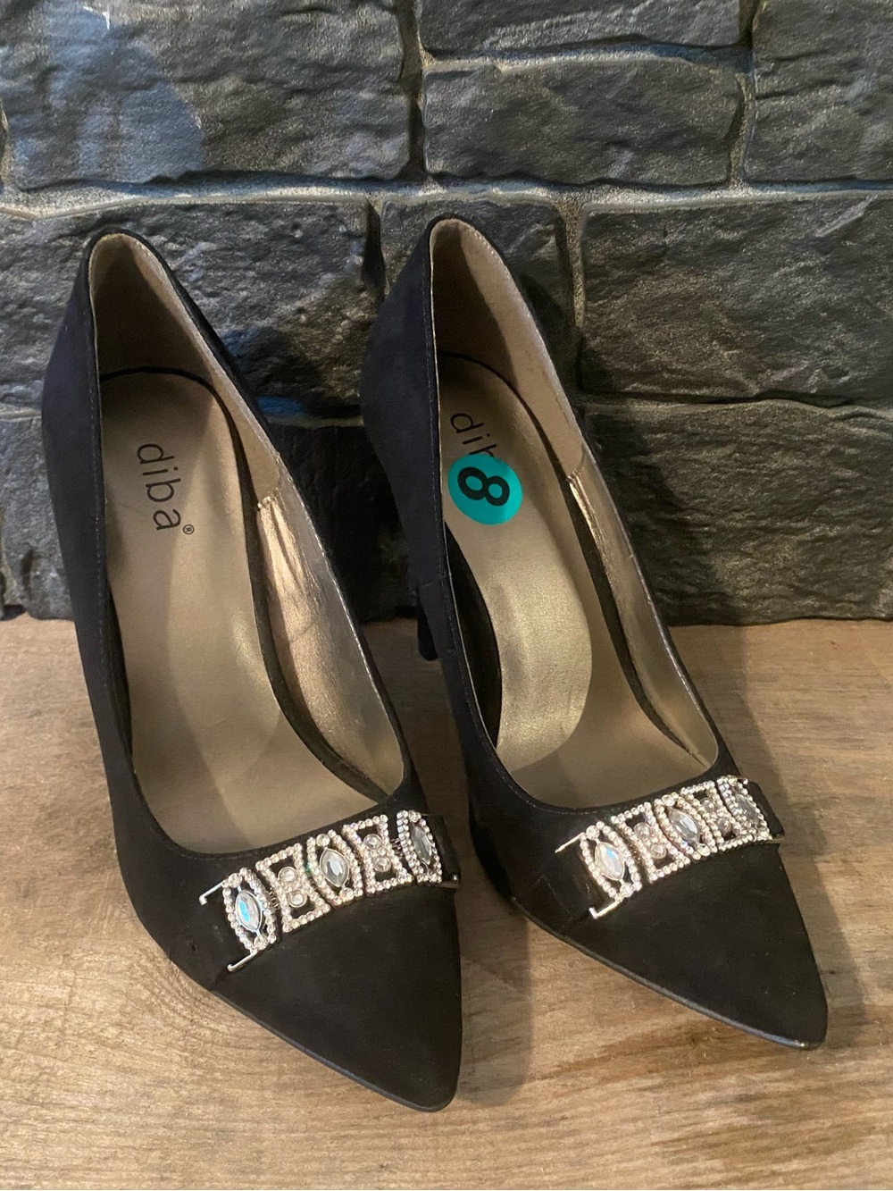 Diba Black Pointed Toe Pumps with Crystal Buckle